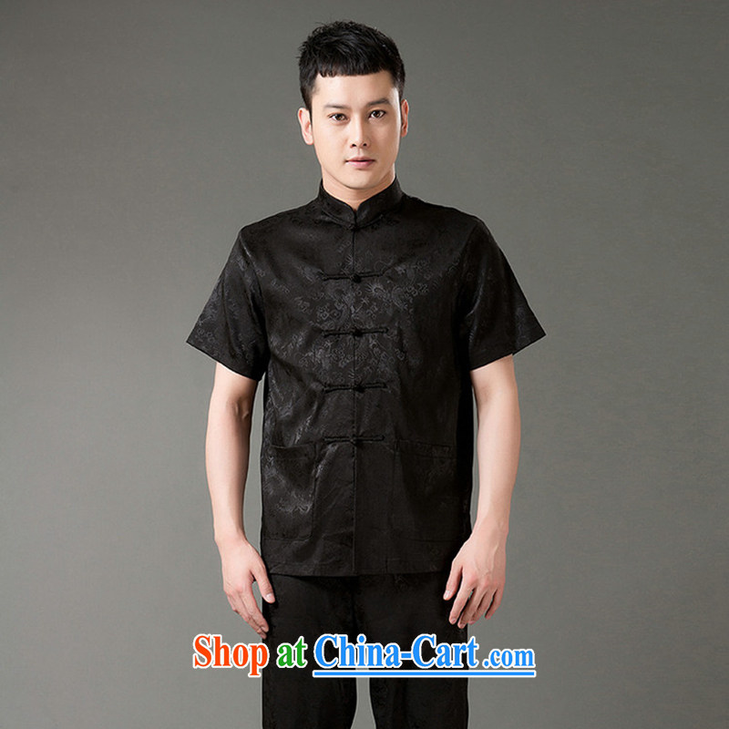 Silver armor Tang is short-sleeved and older Chinese men and men's summer Chinese Embroidery long trousers kit, served the black 185, silver armor, shopping on the Internet