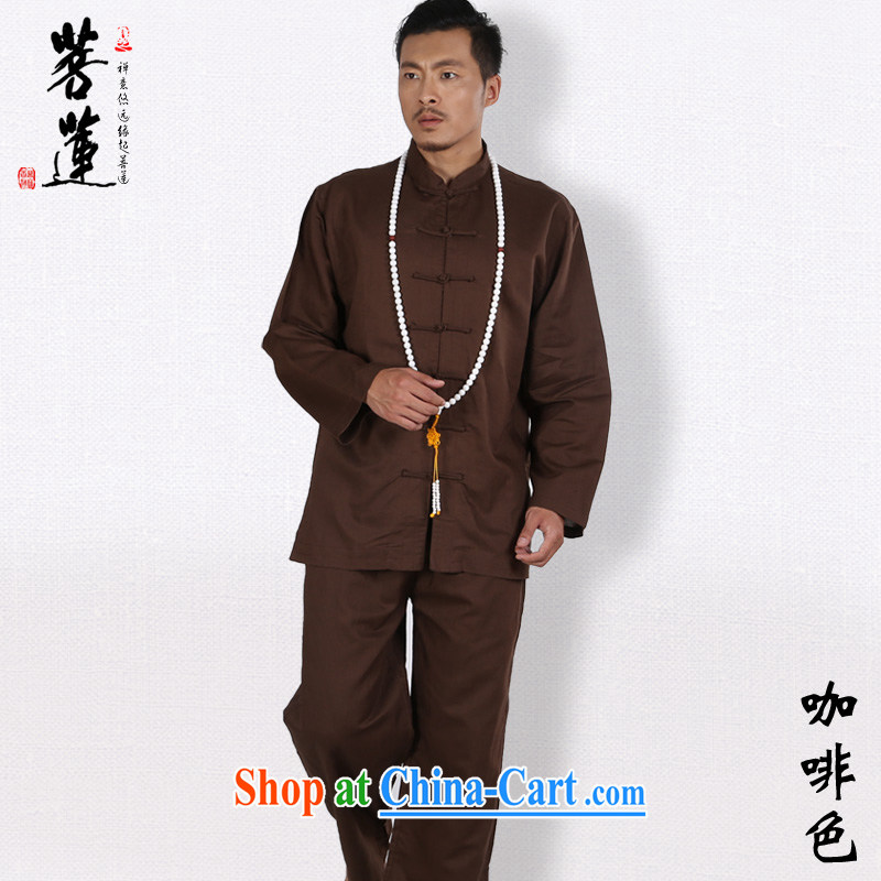 Restrictive Lin linen cotton Ma men and women, summer autumn thin long sleeved China wind meditation Nepal yoga meditation Tai Chi uniforms brown XL