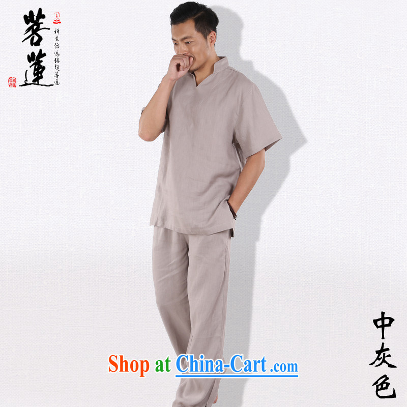 Bodhi-lin cotton Ma retreat Yi plain linen men, short-sleeved V collar Zen meditation China wind service Tai Chi yoga clothing, gray XL