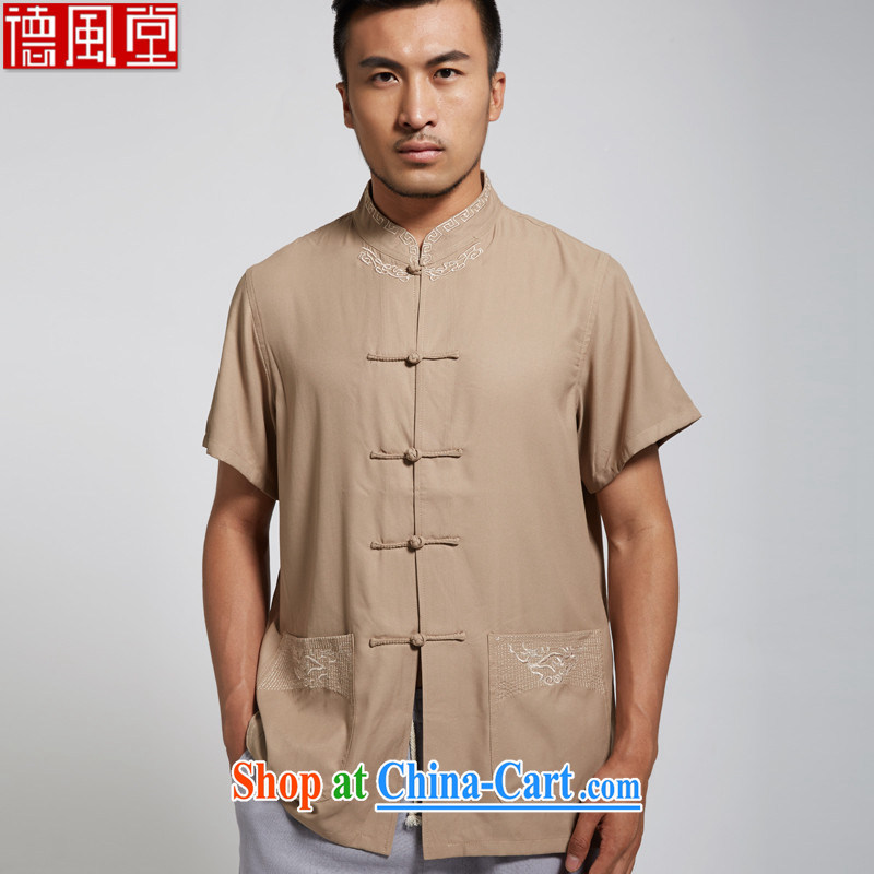 De-church was far from summer 2015 new polyester men's Chinese short-sleeved Chinese clothing the tie Chinese shirt, older men's dark coffee XXXL
