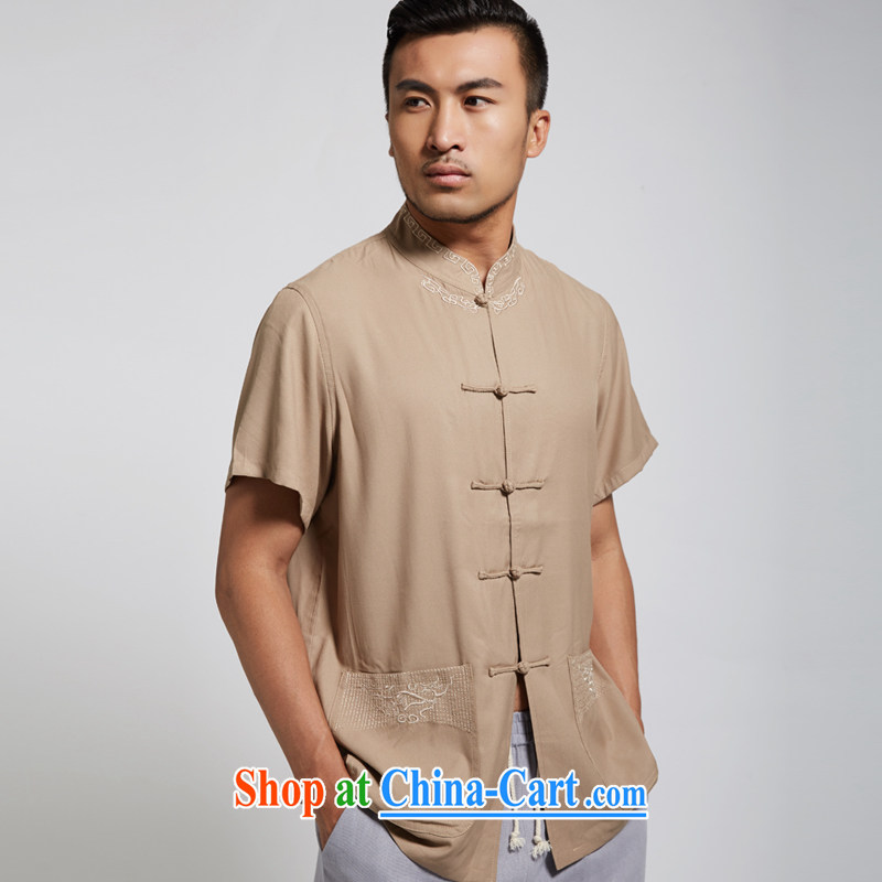 De-church was far from summer 2015 new polyester men's Chinese short-sleeved Chinese clothing is detained Chinese shirt, older men's dark coffee XXXL, wind, and shopping on the Internet