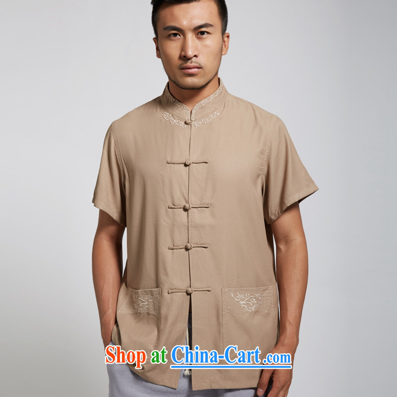 De-church was far from summer 2015 new polyester men's Chinese short-sleeved Chinese clothing is detained Chinese shirt, older men's dark coffee XXXL, wind, and shopping on the Internet