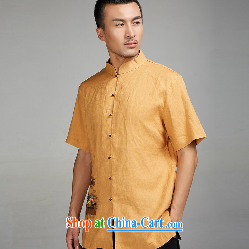 De wind turbine hall I would be grateful if you could clear 2015 new summer linen men and Chinese short-sleeved Ethnic Wind 100% linen chumps snap loose Version Chinese clothing yellow M, de-tong, shopping on the Internet