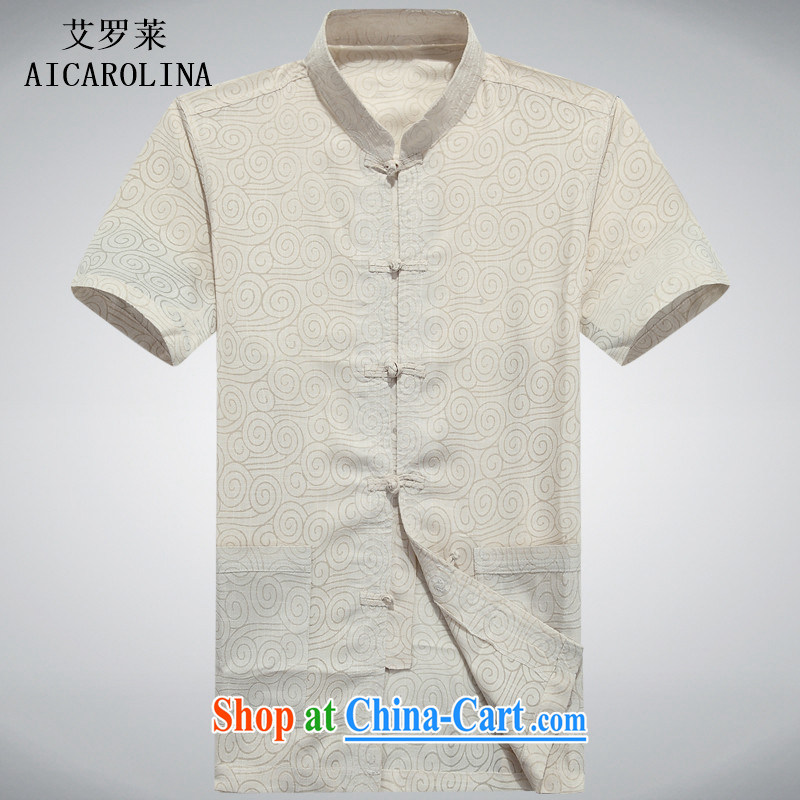 The middle-aged, cotton the Chinese men's short-sleeved middle-aged and older persons men Han-summer Dad loaded the code linen T-shirt men's summer beige XXXL
