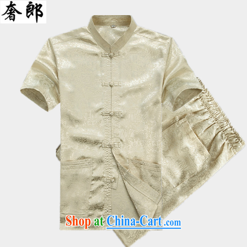 Luxury health 2015 new, middle-aged and older Chinese summer short-sleeved T-shirt, shirt collar middle-aged men with short T-shirt Dad loaded male elderly clothing beige Kit 175_50