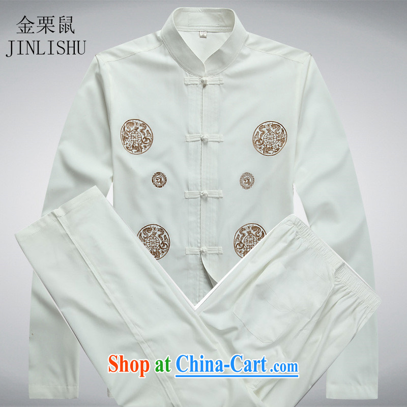 The chestnut mouse spring men's Chinese long-sleeved Kit Chinese T-shirt middle-aged and older persons Grandpa spring summer Tai Chi uniform white package XXXL