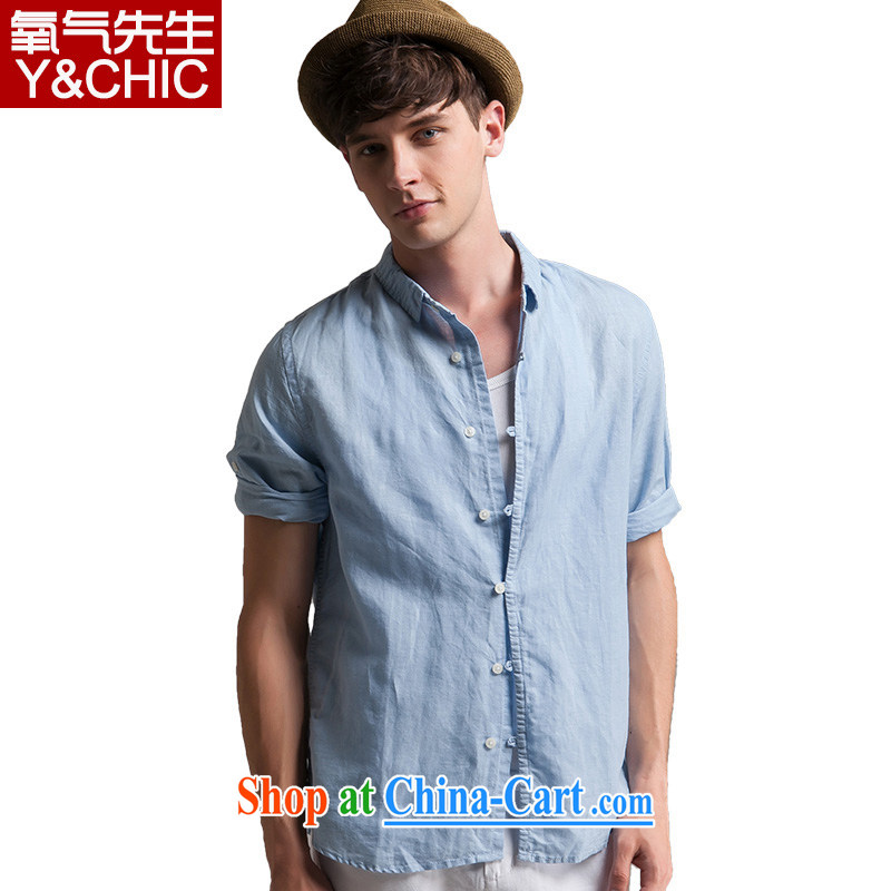 The original Chinese Wind and linen T shirts men's summer 7 short-sleeved loose Solid Color cotton the Chinese Tang fitted T-shirt SL YK 8 3019 blueL