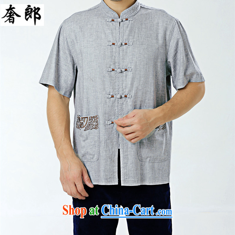 Indulge in health older summer Chinese clothing men's improved Tang is short-sleeved, collared T-shirt shirt upscale linen old muslin leisure manual tray snap summer leisure white and gray M