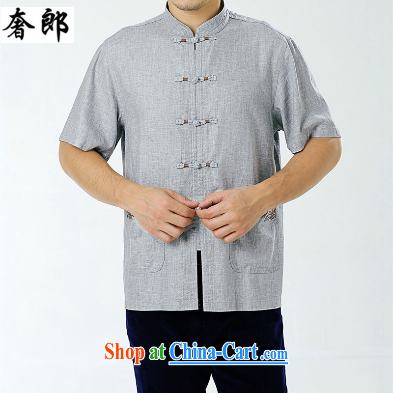 Indulge in health older summer Chinese clothing men's improved Tang is short-sleeved, collared T-shirt shirt upscale linen old muslin leisure manual tray snaps summer leisure white and gray M, extravagance, and shopping on the Internet