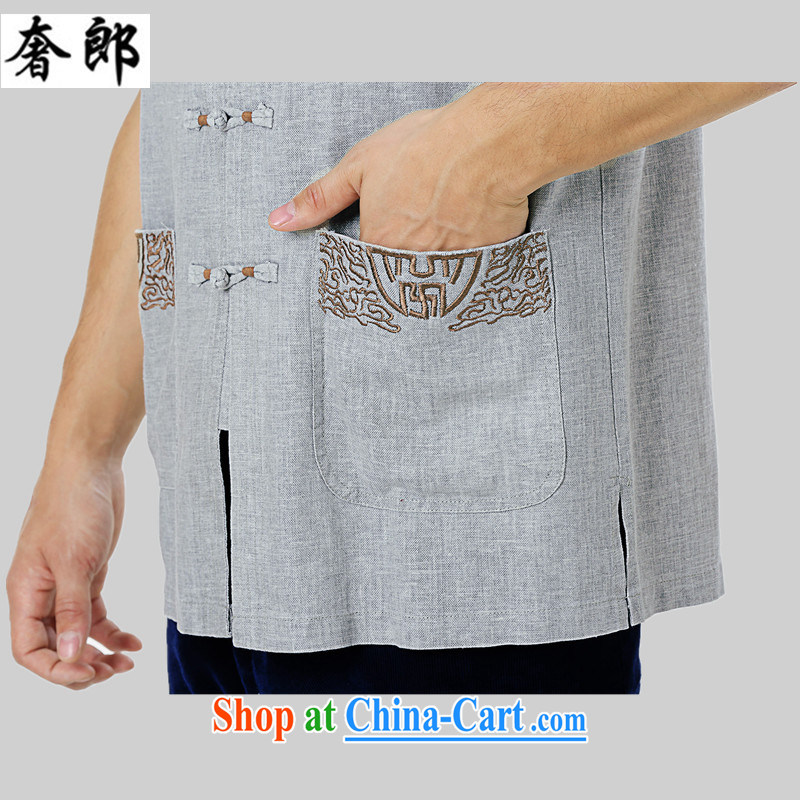 Indulge in health older summer Chinese clothing men's improved Tang is short-sleeved, collared T-shirt shirt upscale linen old muslin leisure manual tray snaps summer leisure white and gray M, extravagance, and shopping on the Internet