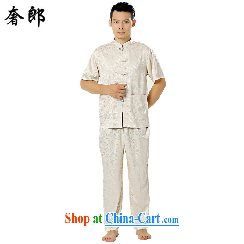 Luxury health summer new Chinese silk men's T-shirt with short sleeves and older persons, served Chinese style men's short-sleeved, manually for the snap improved morning Tai Chi demonstration kit beige 185, extravagance, and shopping on the Internet