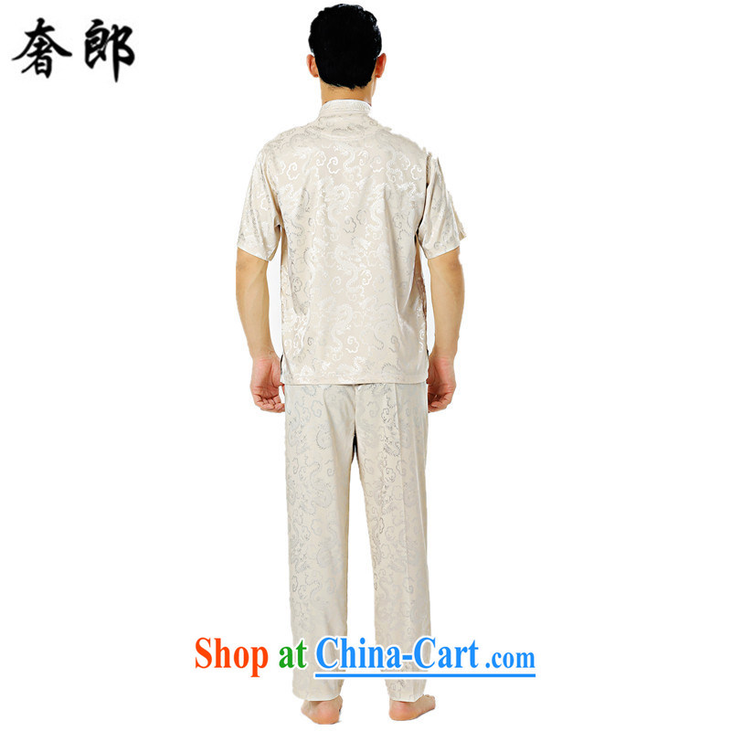 Luxury health summer New Silk ethnic costume hand-tie men's short-sleeved Zhongshan collar, collar short sleeve with his father, older leisure Tang with morning exercise Tai Chi clothing beige 170, extravagance, and shopping on the Internet