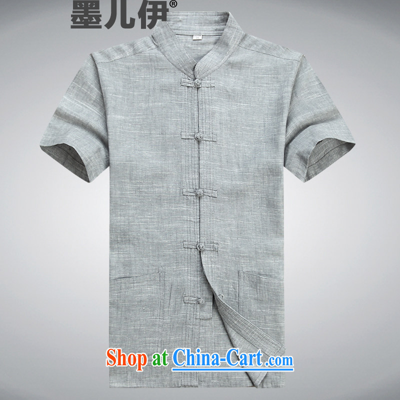 2015 new linen men's Chinese short-sleeved shirt Chinese clothing summer shirts, older Chinese light gray XXXL