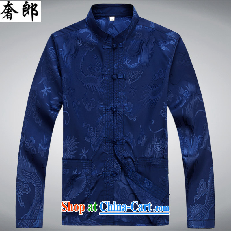 Luxury health, older Chinese men and spring and summer Long-Sleeve Chinese Generalissimo Kit Dad loaded T-shirt national silk, new Chinese wind Han-tai chi clothing blue T-shirt XL