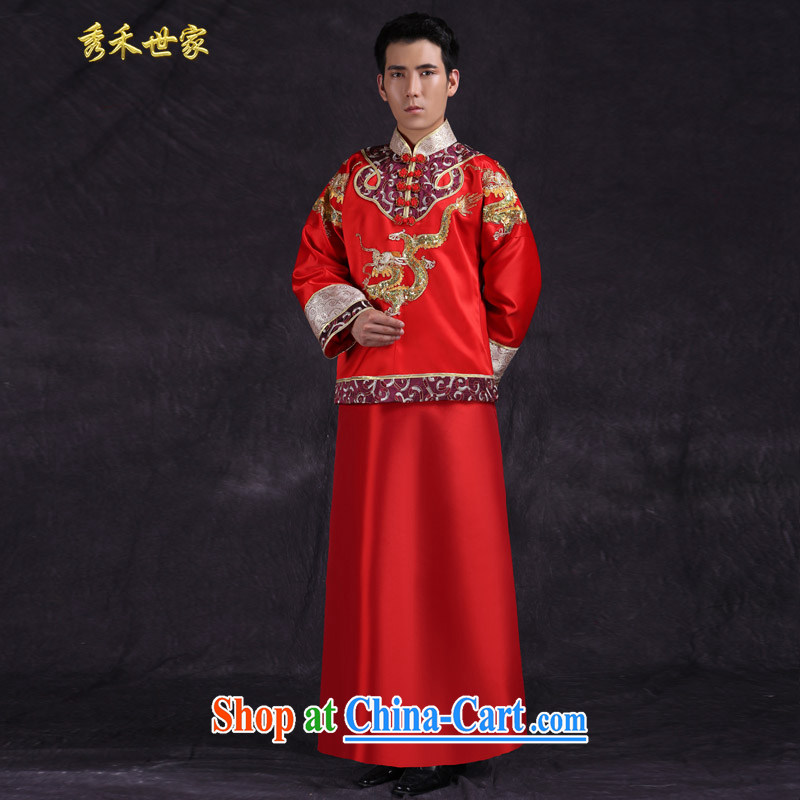 Su-wo service men's summer Chinese men's wedding dresses new unbroken bows dress of the Chinese classical smock large red L, Sau wo family, shopping on the Internet