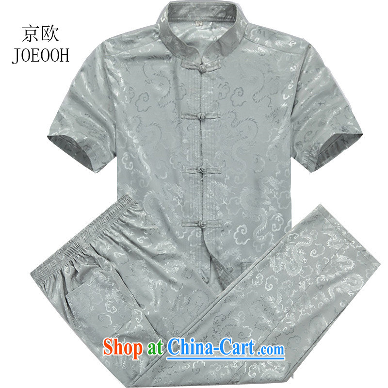 Putin's European Summer Han-thin short-sleeved Chinese package older men the code Chinese shirt gray blue Kit XXXL_190