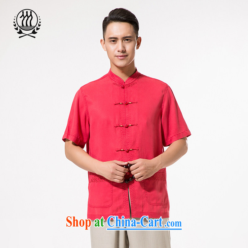 And 3 new summer, men's day, short-sleeved T-shirt China wind men's Chinese population day short-sleeved loose comfortable clothes dress the code father with dark red XXL_185