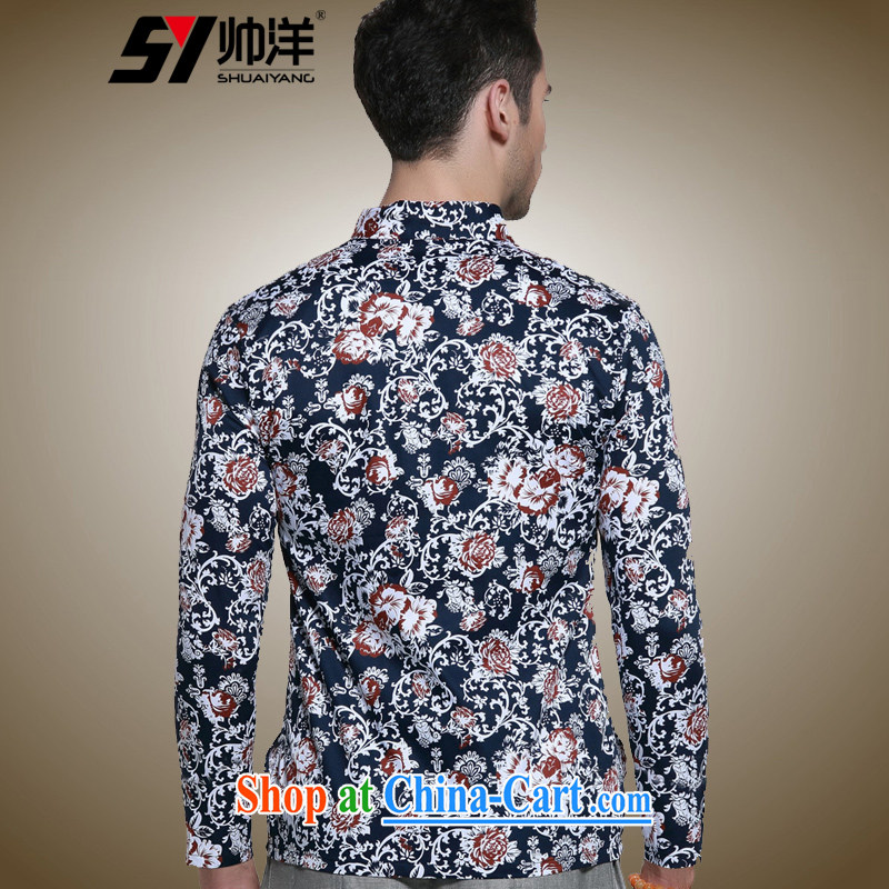 cool ocean autumn and the new men's long-sleeved Chinese shirt, cultivating their Chinese Antique male Chinese wind cotton stamp shirt hand-tie hidden cyan 42/180, cool ocean (SHUAIYANG), on-line shopping