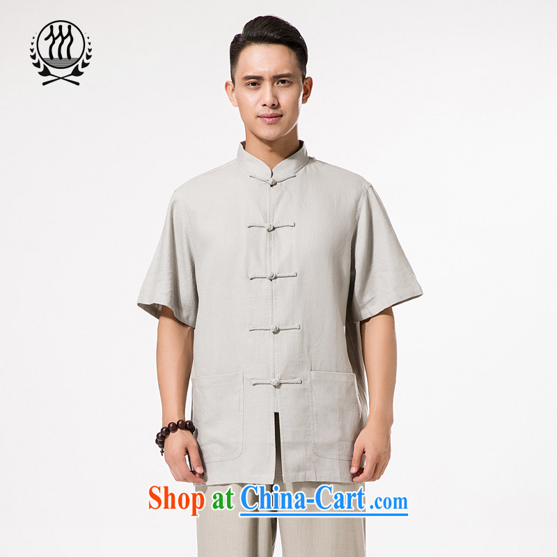 China wind summer male, upscale fine ramie Tang with a short-sleeved T-shirt men's Chinese, manually for the buckle ramie short-sleeved T-shirt relaxed and comfortable ramie cloth short-sleeved gray XXXL_190