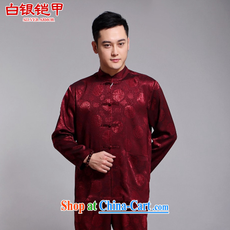 Silver armour middle-aged and older Chinese men and set new long-sleeved Chinese style Jubilee 1000 Han-male Chinese sauna silk Chinese leisure father red 180