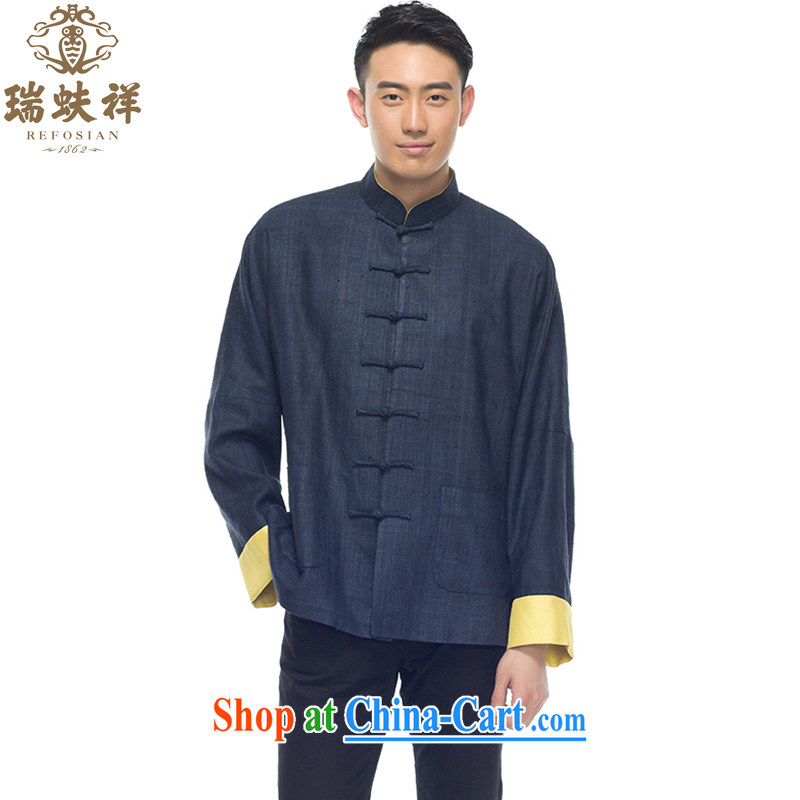 Ryan and Eric LI tussah silk Chinese shirt summer 2015 New Men's Chinese style silk shirt dark blue M