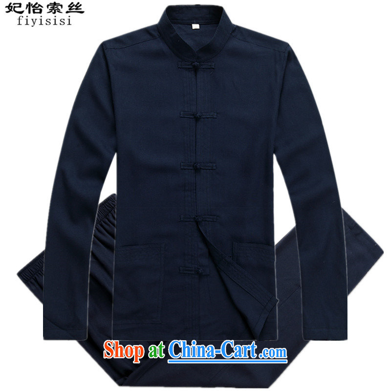 Princess Selina CHOW in men's Tang replace short-sleeve kit spring and summer with long-sleeved older persons in linen Tang replace short-sleeved cotton Ma Kit jogging with leisure package Han-kung fu shirt long-sleeved blue Kit 40_175