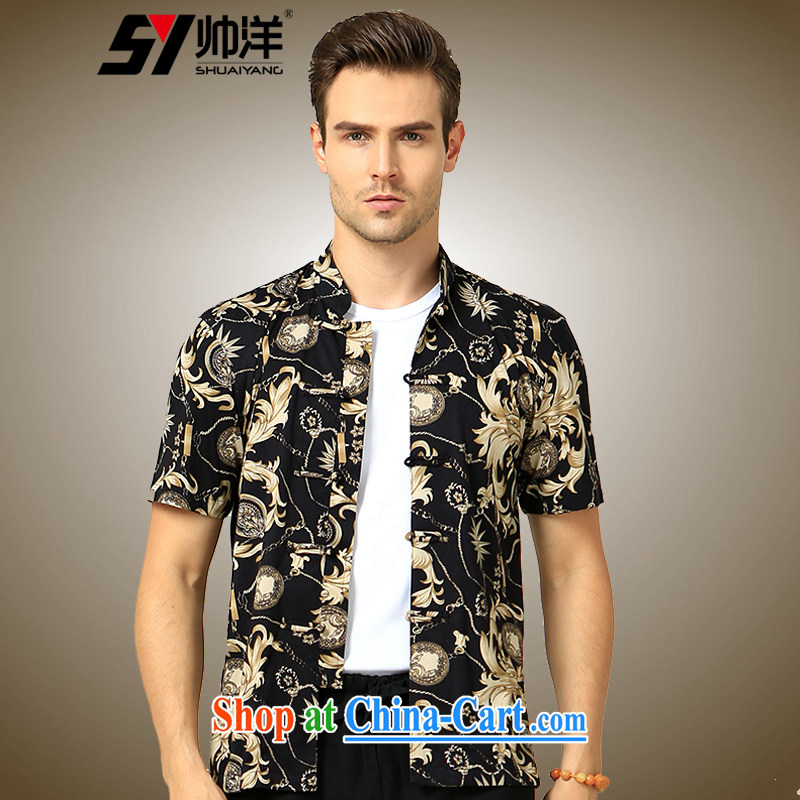 cool ocean 2015 summer New Beauty stamp China wind men's Chinese short-sleeved shirt Satin cotton Chinese shirt Yellow Flower 175/L, cool ocean (SHUAIYANG), online shopping