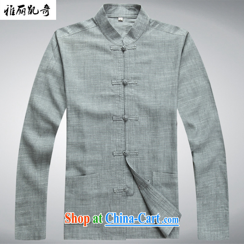 Alice, Kevin SPRING CHINESE Tang fitted linen tray snap middle-aged men Tang load package and long-sleeved T-shirt kung fu T-shirt Dad installed China wind Han-serving Nepal gray suit T-shirt and pants XXXL_190