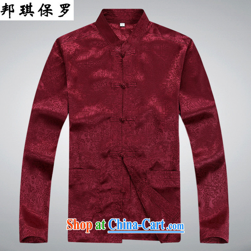 Bong-ki Paul older persons in Chinese men's long-sleeved Kit spring and fall Kung Fu Men's Chinese shirt China wind, served for the Chinese package father red T-shirt L_175