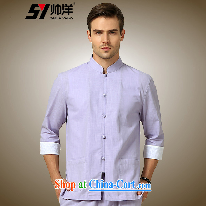 cool ocean summer 2015 New Men's Tang on the T-shirt Chinese wind male half sleeve shirt cultivating Chinese cotton light purple _click in the cuff_ 170_M