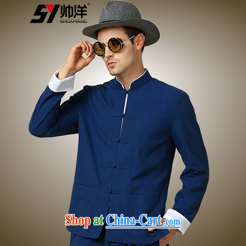 cool ocean 2015 New Men's Chinese long-sleeved shirt, for Chinese wind jacket and Chinese-tie retro shirt Navy _long-sleeved_ 175_L
