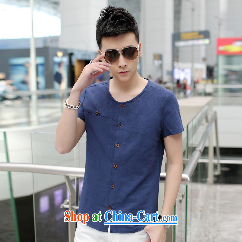 Dan Jie Shi-men's trend short-sleeved linen beauty no collar shirt Youth Summer cotton the casual shirt Korean summer to the white XL, Dan Jie Shi (DAN JIE SHI), online shopping