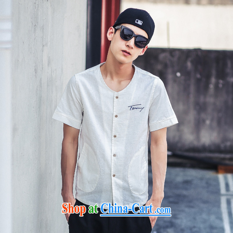 Dan Jie Shi linen short-sleeve men's day, Retro embroidery the Commission the shirt men's half sleeve pocket the shirt to the white XL .