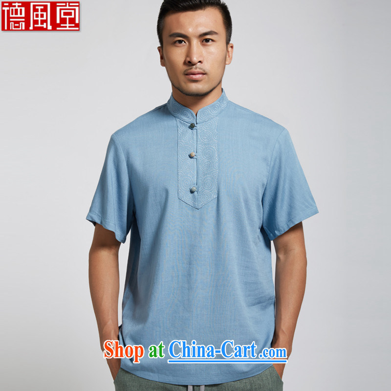 De-tong's 2015 summer new linen men's Chinese short-sleeved Chinese style Chinese clothing blue 4 XL