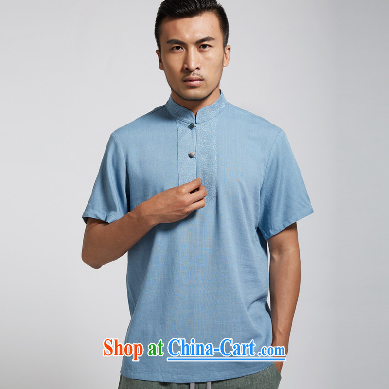 De-tong's 2015 summer new linen men's Chinese short-sleeved Chinese style Chinese clothing blue 4 XL, wind, and shopping on the Internet
