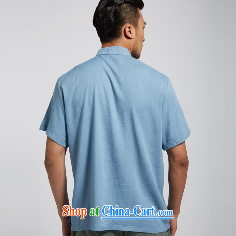 De-tong's 2015 summer new linen men's Chinese short-sleeved Chinese style Chinese clothing blue 4 XL, wind, and shopping on the Internet