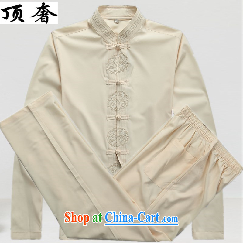Top Luxury new Chinese men long-sleeved T-shirt men and older persons in Han-Chinese wind men's long-sleeved Kit exercise clothing red father replacing men Tang package with beige Kit 43_190