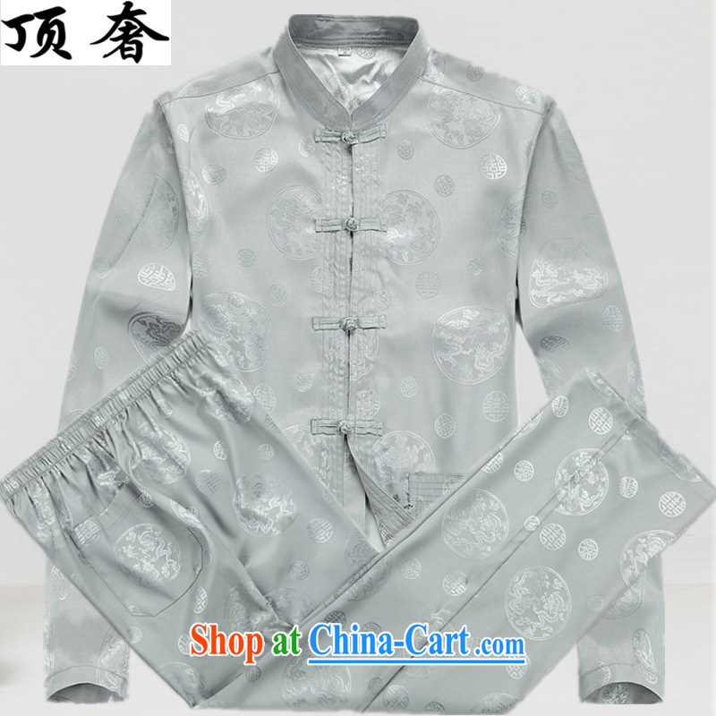 Top Luxury 2015 New Men's long-sleeved T-shirt loose version, older Chinese silk short-sleeved cynosure long-sleeved T-shirt for the national dress father with gray suit XXXL_190