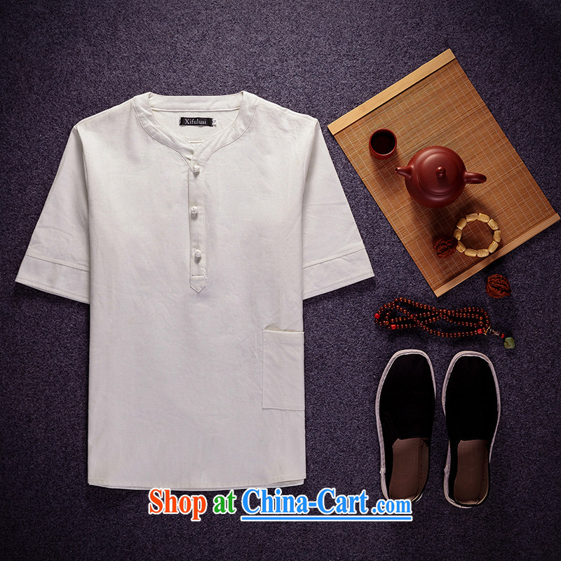 Summer 2015 New Men's shirts multi-colored round-collar China wind-tie the code linen shirt men's short-sleeved shirt T shirt Peacock Blue 5 XL (175 - 190 ), Dan Jie Shi (DAN JIE SHI), online shopping