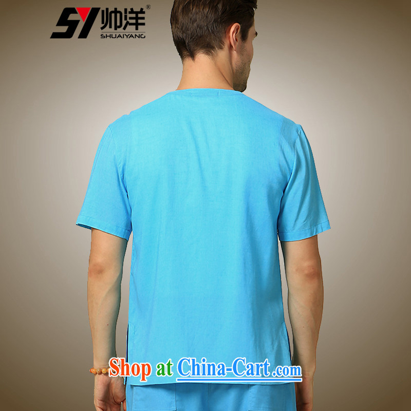cool ocean 2015 new round-collar men's Chinese short-sleeved shirt cultivating China wind cotton the male summer Chinese shirt blue 180/XL, cool ocean (SHUAIYANG), online shopping