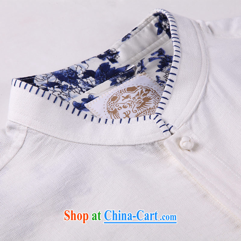 To Kowloon Tong on 2015 summer New China wind men Fiber Blue and white porcelain short-sleeved shirt 15,005 - 1 white 48, white 52 to Kowloon, shopping on the Internet