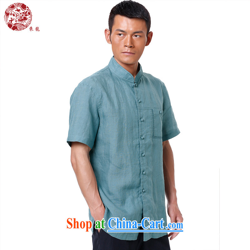 To Kowloon Tong on 2015 summer New China wind men ramie short-sleeve and collar shirt 15,142 light blue 48, light blue 52