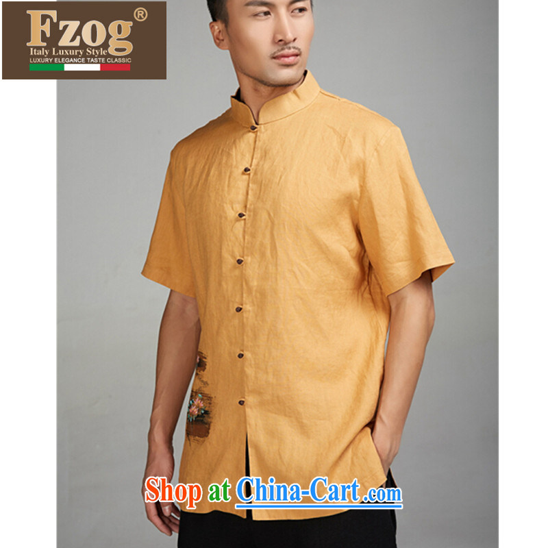 FZOG high-end linen summer short-sleeved T-shirt with short men's China wind father dress and yellow XXXL, FZOG, shopping on the Internet