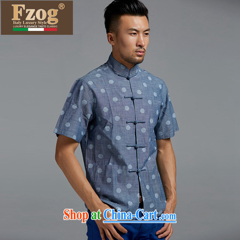 FZOG summer 2015 New Products Pure Cotton Men's Chinese short-sleeved Chinese style Chinese-snap stamp T-shirt blue XXXL, FZOG, shopping on the Internet
