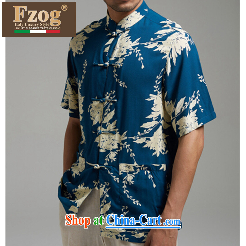 FZOG summer 2015 New Products men's Chinese short-sleeved dress personalized stamp Chinese Disc buckle clothing blue XXXXL