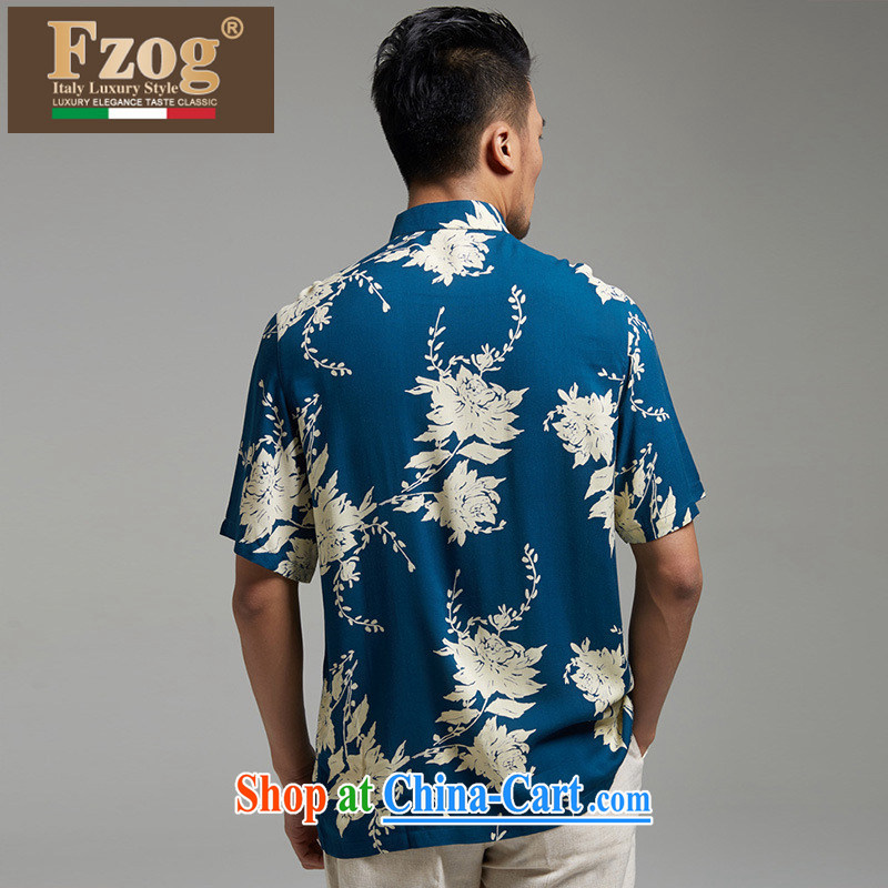 FZOG summer 2015 New Men's Chinese short-sleeved dress personalized stamp Chinese-buckle clothing blue XXXXL, FZOG, shopping on the Internet