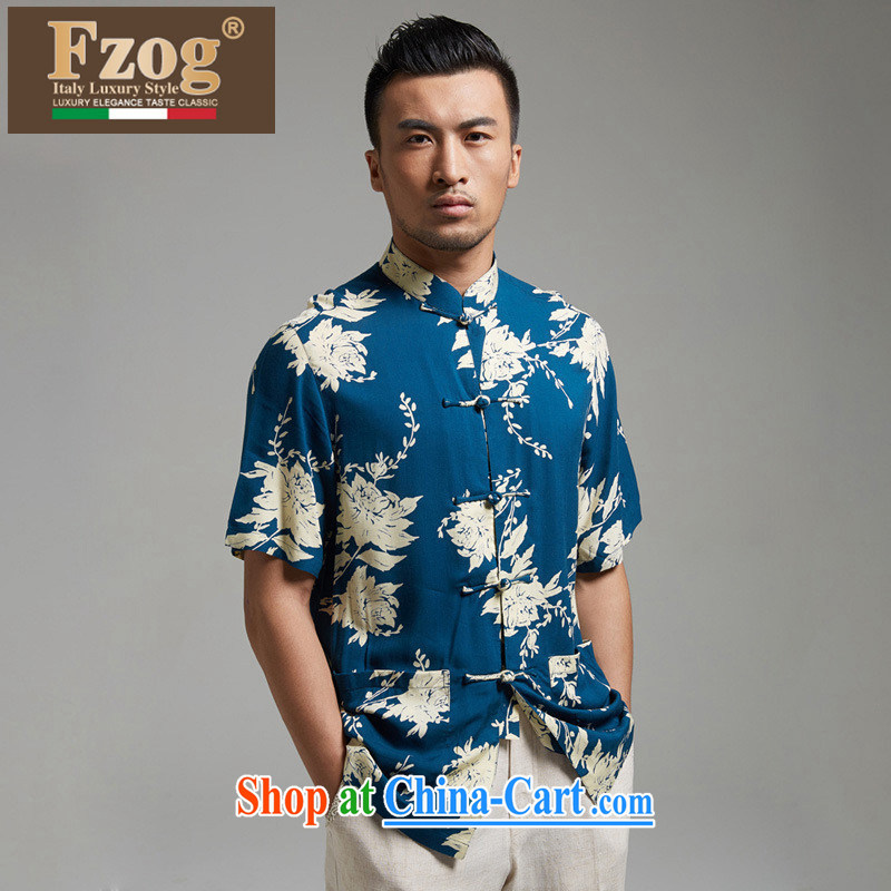 FZOG summer 2015 New Men's Chinese short-sleeved dress personalized stamp Chinese-buckle clothing blue XXXXL, FZOG, shopping on the Internet