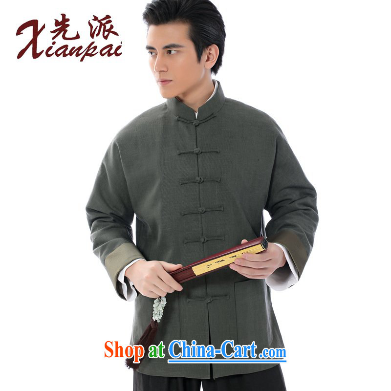 First Spring new Chinese China wind linen jacket traditional retro-sleeved Chinese men father T-shirt-tie up in older long-sleeved T-shirt XL green linen green Satin cuffs jacket XXXXL