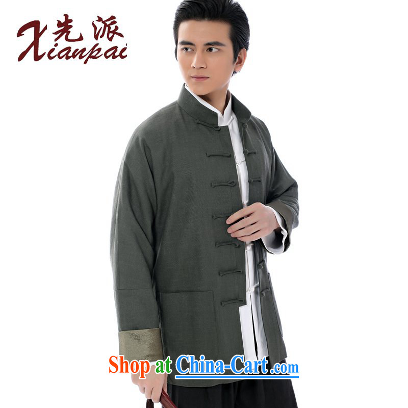 First Spring new Chinese China wind linen jacket traditional retro-sleeved Chinese men's father T-shirt-tie up in older long-sleeved T-shirt XL green linen green Satin cuffs jacket XXXXL, first (xianpai), online shopping