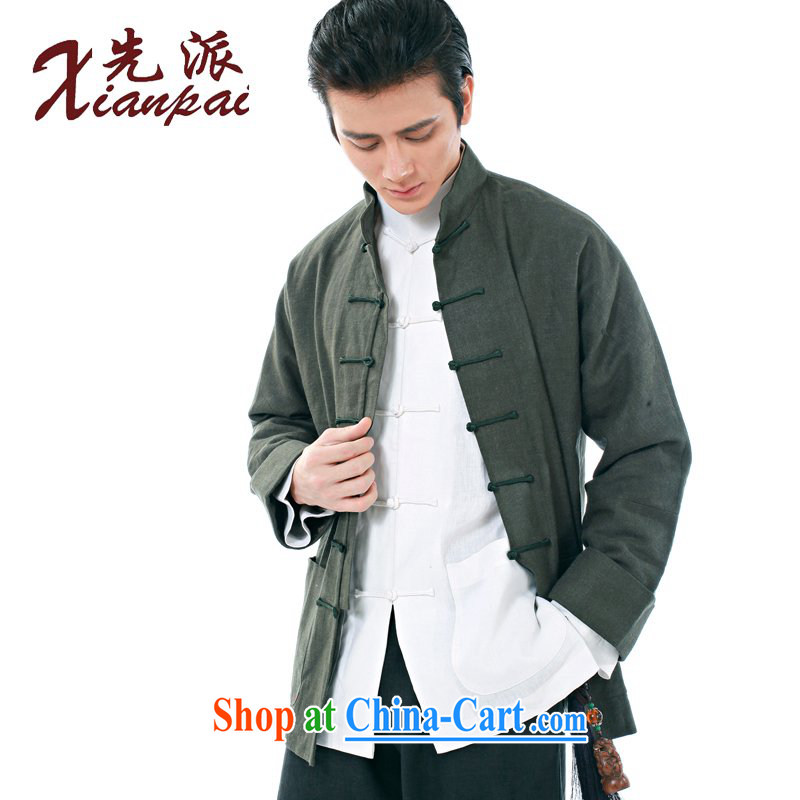 First Spring new Chinese China wind linen jacket traditional retro-sleeved Chinese men's father T-shirt-tie up in older long-sleeved T-shirt XL green linen green Satin cuffs jacket XXXXL, first (xianpai), online shopping